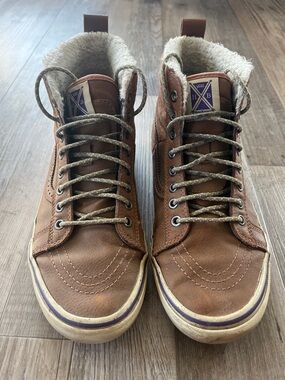 Vans Brown Leather High-Top Sneakers with Shearling Collar